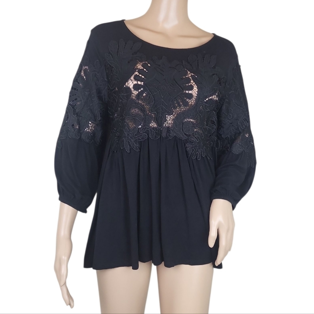 Anthropologie Deletta Desi Blouse Crochet Lace 3/4 Sleeves Women Black